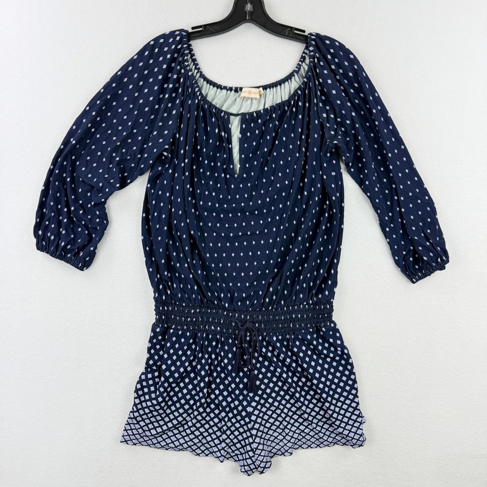 TORY BURCH Mosaic Off Shoulder Romper‎ Size S Womens Blue/Gray